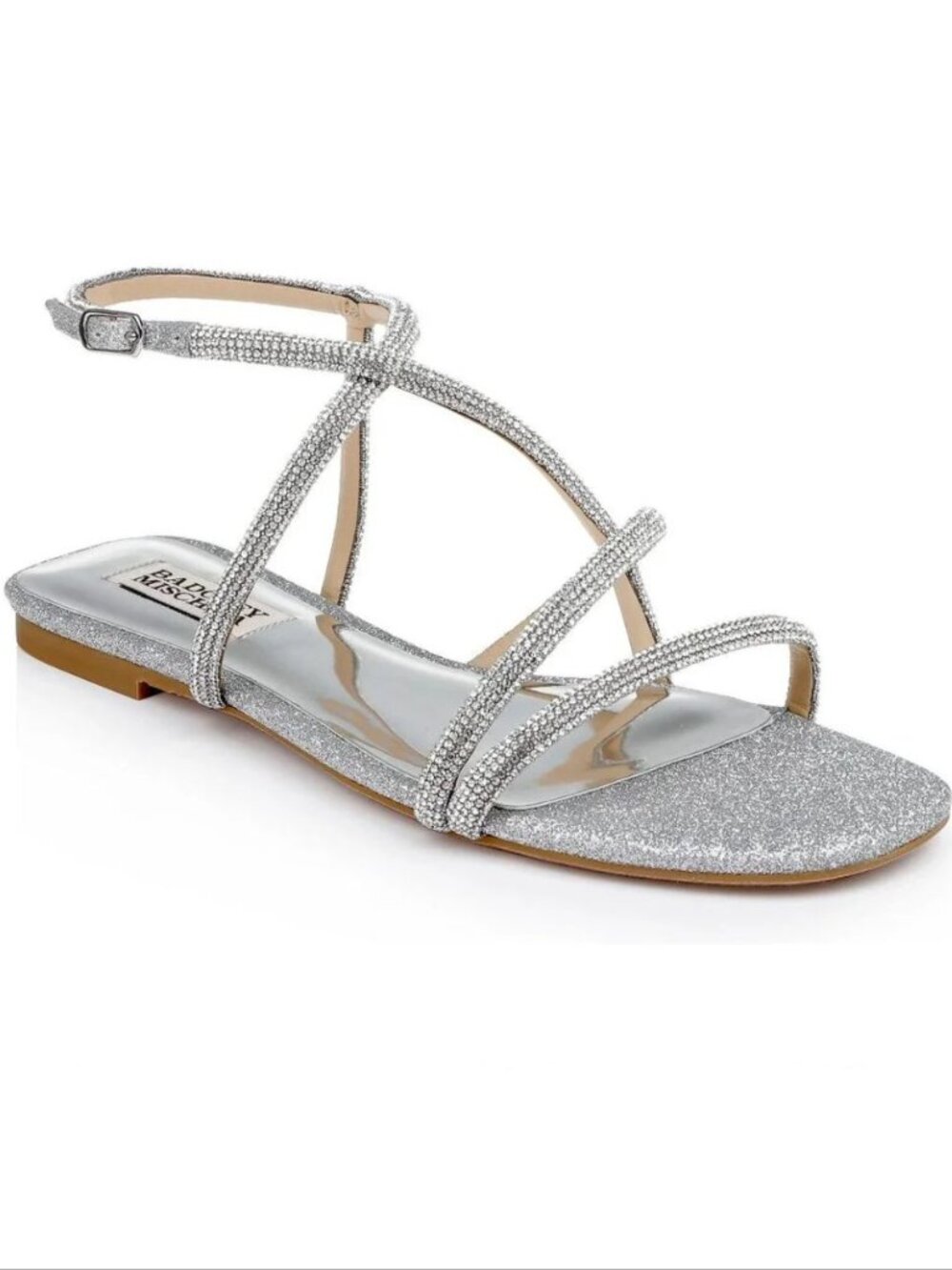Badgley Mischka Ivie Strappy Flat Sandals Size 8 Silver Rhinestone Embellished